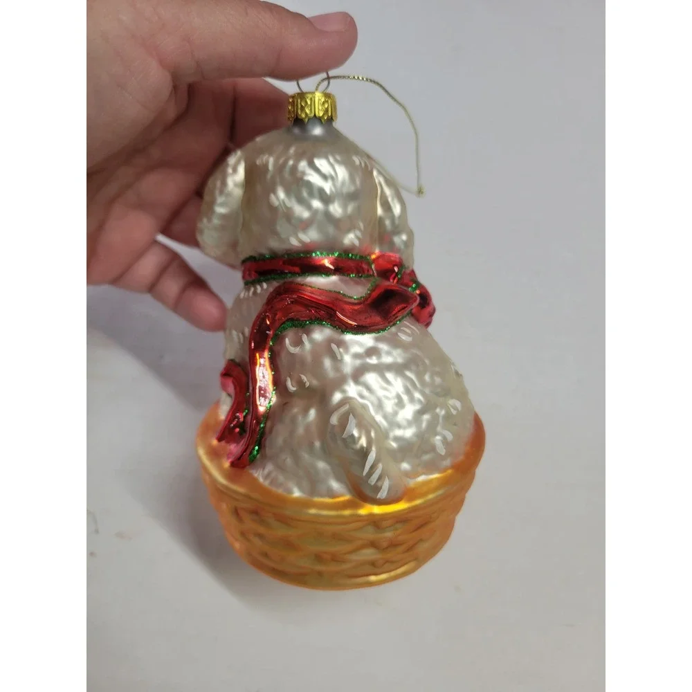 Champagne‎ Glass Dog in Basket Christmas Ornament Poodle Doodle Red Scarf 4.5